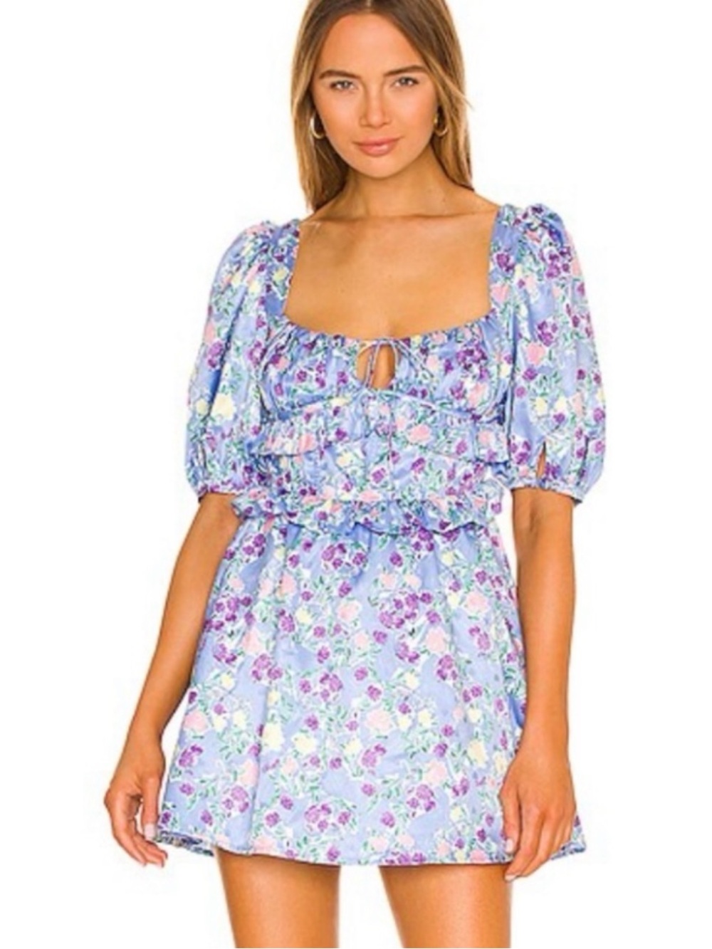 New FOR LOVE & LEMONS Charlene Puff Sleeve Mini Dress Blue XS Revolve